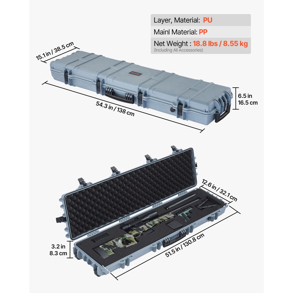 VEVOR Waffenkoffer mit Hartschale für Langwaffen, abschließbarer Gewehrkoffer mit vorgeschnittenen Schaumstoffen, Langwaffenkoffer Waffenaufbewahrung rollbar IP67 wasserfest, 1380x385x165 mm Grau