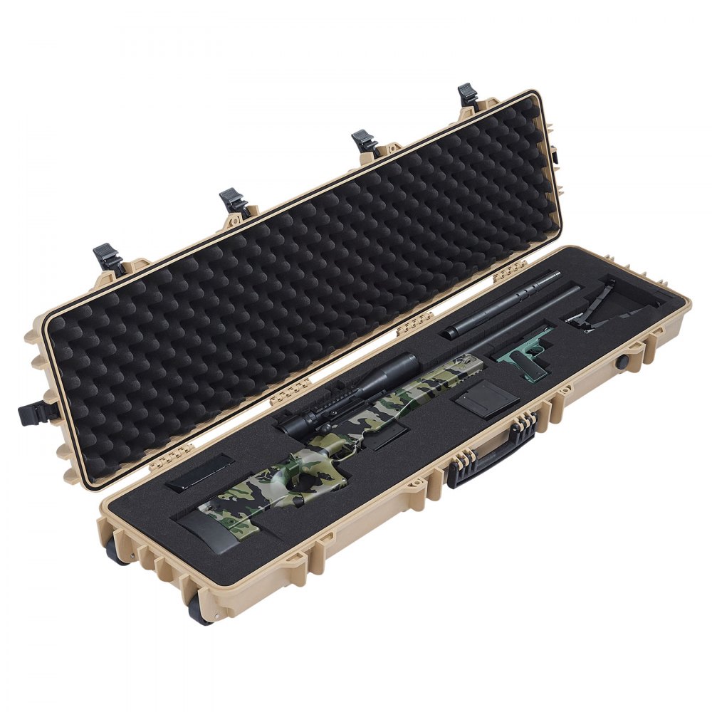 VEVOR Waffenkoffer mit Hartschale für Langwaffen, abschließbarer Gewehrkoffer mit vorgeschnittenen Schaumstoffen, Langwaffenkoffer Waffenaufbewahrung rollbar IP67 wasserfest, 1380x385x165 mm Khaki