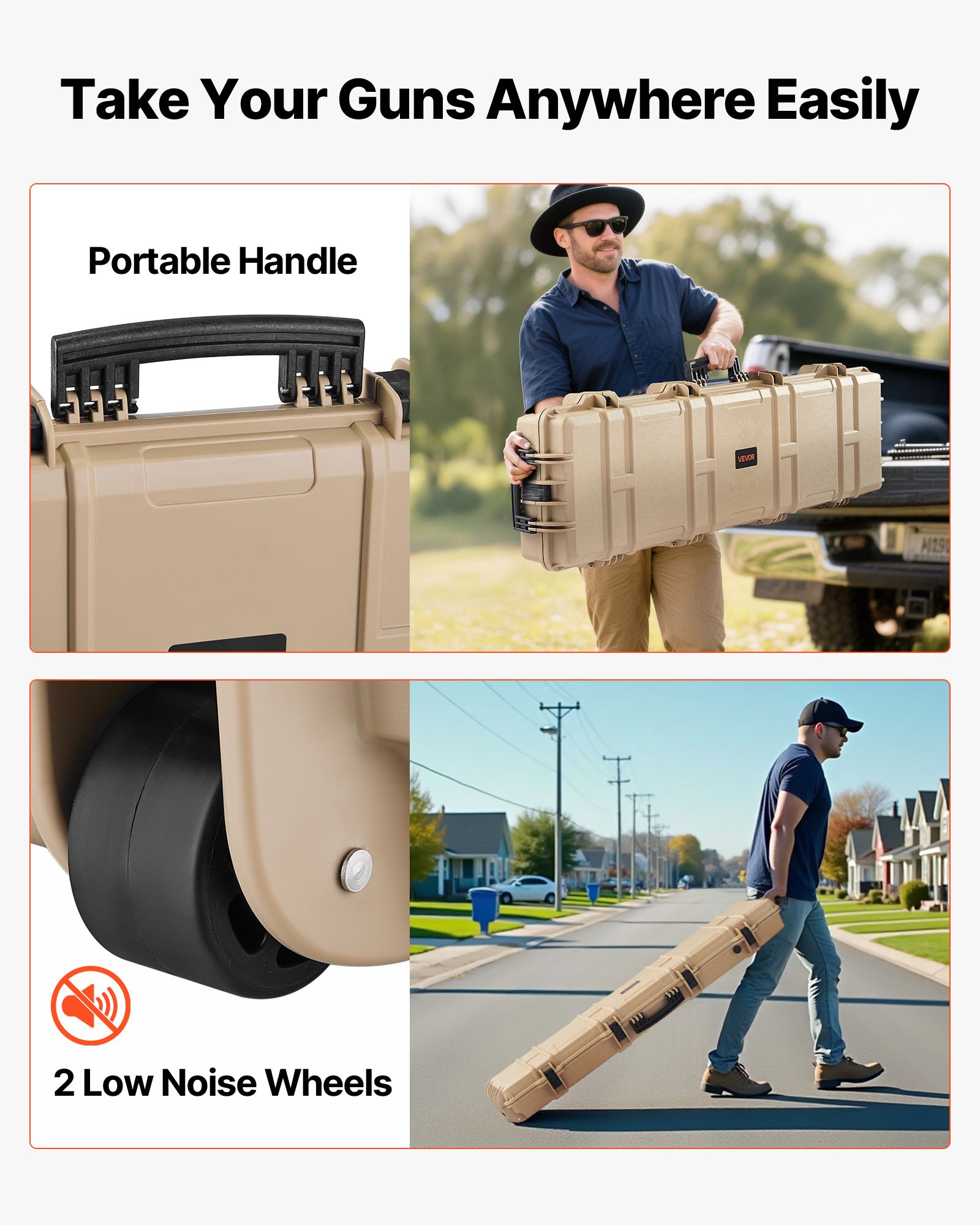 VEVOR Waffenkoffer mit Hartschale für Langwaffen, abschließbarer Gewehrkoffer mit vorgeschnittenen Schaumstoffen, Langwaffenkoffer Waffenaufbewahrung rollbar IP67 wasserfest, 1380x385x165 mm Khaki