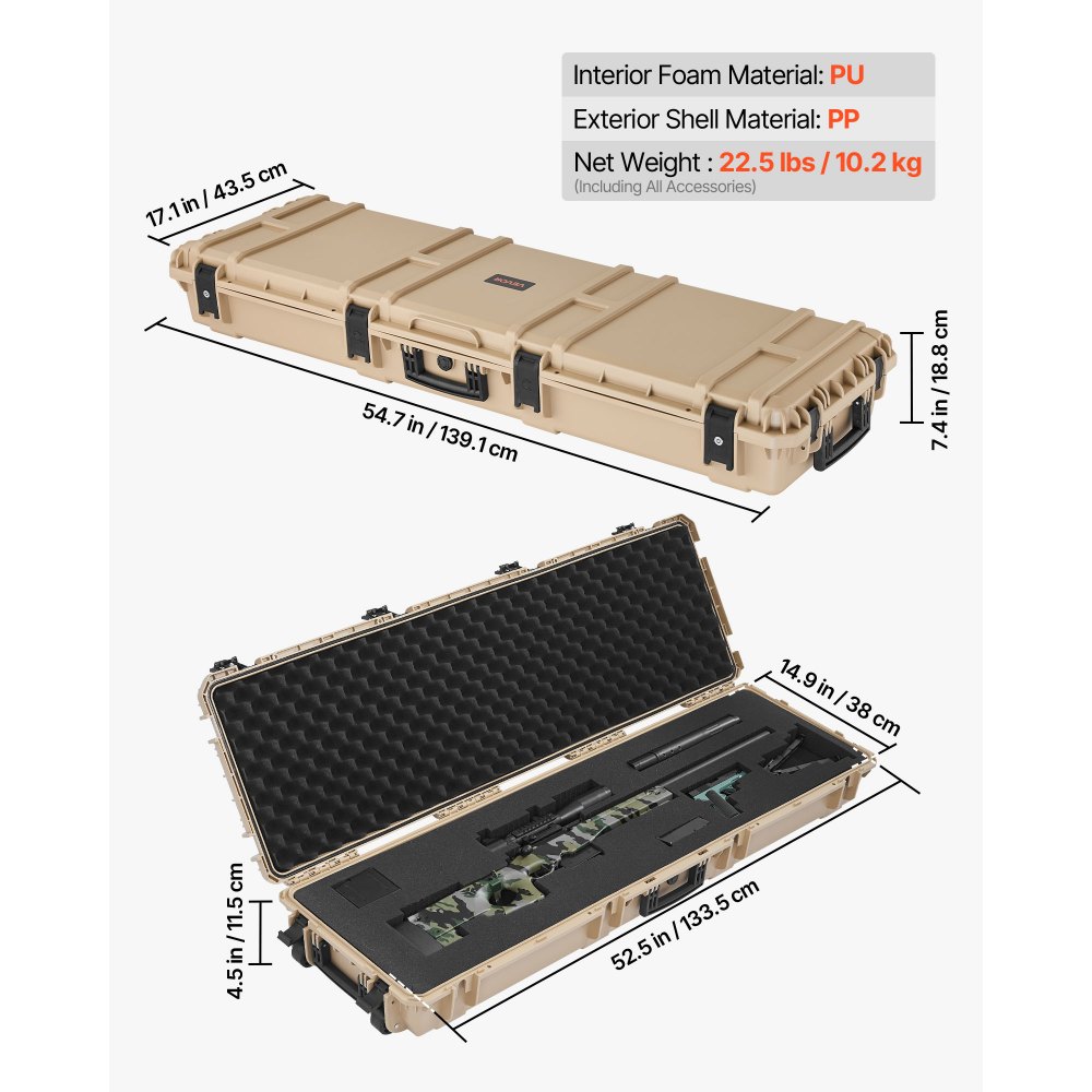VEVOR Waffenkoffer mit Hartschale für Langwaffen, abschließbarer Gewehrkoffer mit vorgeschnittenen Schaumstoffen, Langwaffenkoffer Waffenaufbewahrung rollbar IP67 wasserfest, 1391x435x188 mm Khaki