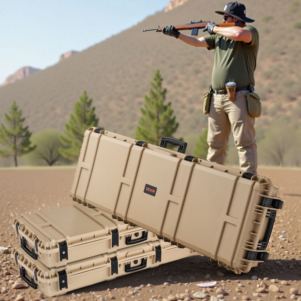 VEVOR Waffenkoffer mit Hartschale für Langwaffen, abschließbarer Gewehrkoffer mit vorgeschnittenen Schaumstoffen, Langwaffenkoffer Waffenaufbewahrung rollbar IP67 wasserfest, 1391x435x188 mm Khaki