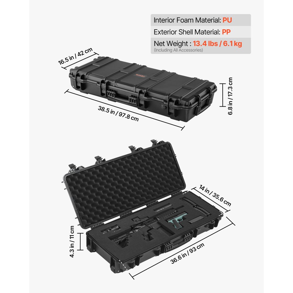 VEVOR Waffenkoffer mit Hartschale für Langwaffen, abschließbarer Gewehrkoffer mit vorgeschnittenen Schaumstoffen, Langwaffenkoffer Waffenaufbewahrung rollbar IP67 wasserfest, 978x420x173 mm Schwarz
