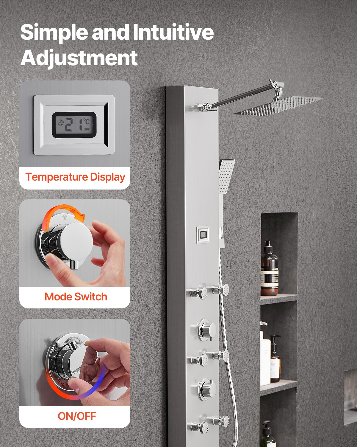 VEVOR Duschpaneel-Turmsystem mit Regenwasserfall-Duschkopf, (124 cm) Duschsäule aus gebürstetem Edelstahl, Regenmassagesystem zur Wandmontage, mit Handbrause & 6 kleiner Massagedüsen