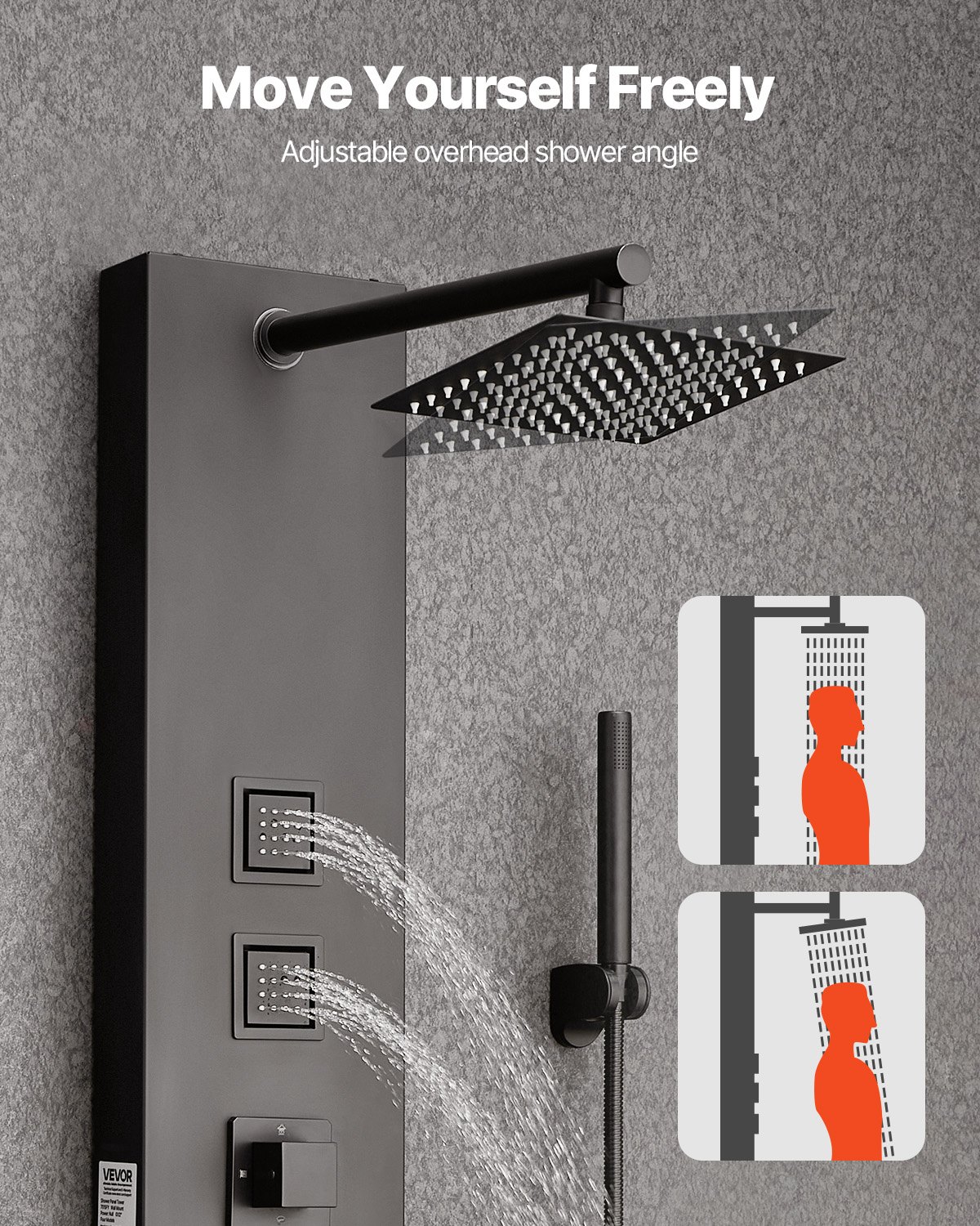 VEVOR Shower Panel Tower System (4 in 1) with Rain Waterfall Shower Head, (124 cm) Brushed Stainless Steel Shower Column, Wall-Mounted Rain Massage System, with Hand Shower & 4 Small Massage Jets