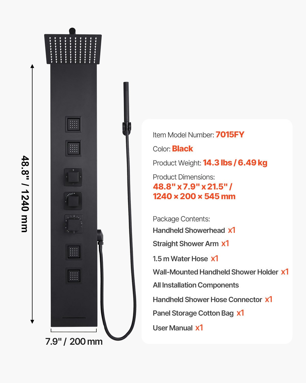 VEVOR Shower Panel Tower System (4 in 1) with Rain Waterfall Shower Head, (124 cm) Brushed Stainless Steel Shower Column, Wall-Mounted Rain Massage System, with Hand Shower & 4 Small Massage Jets