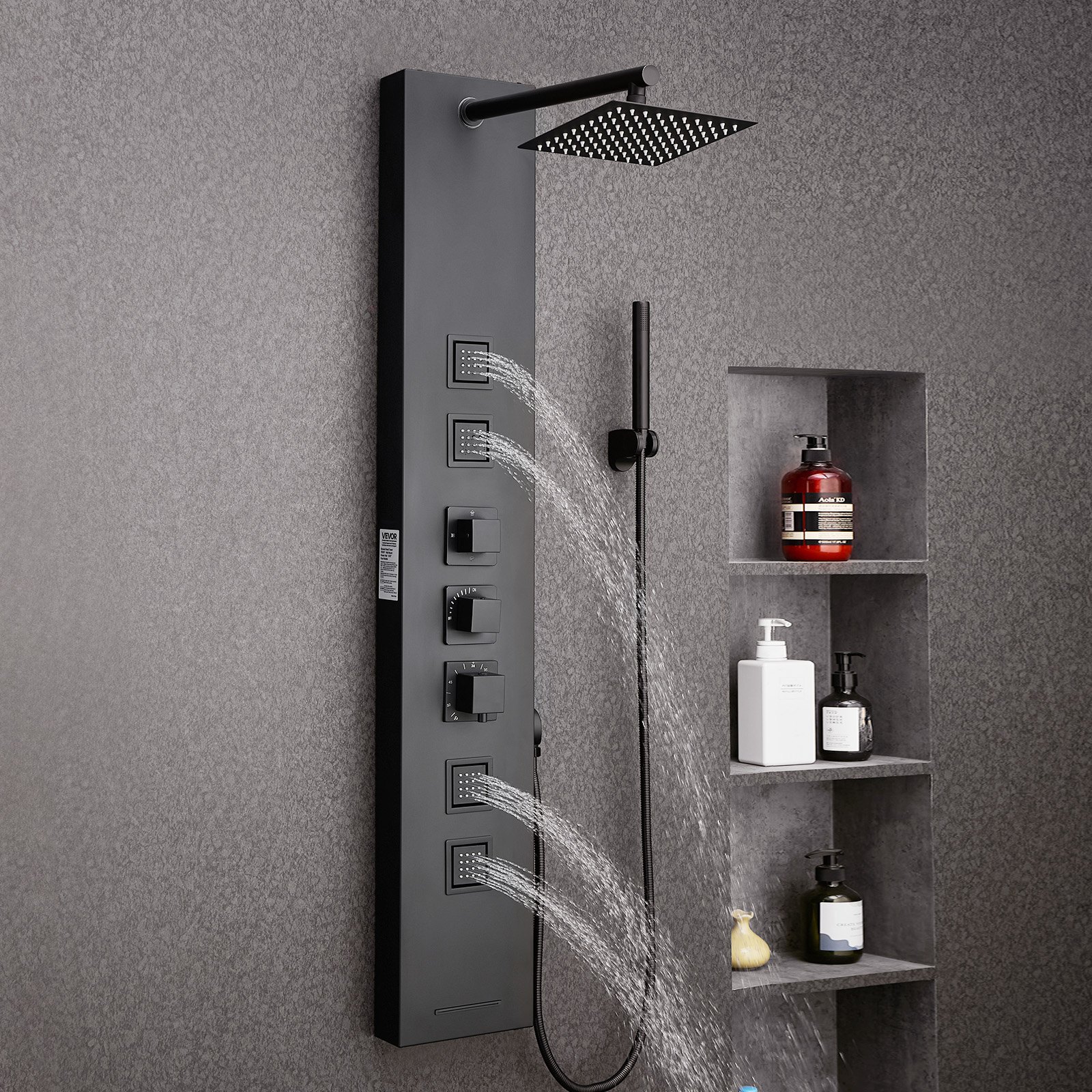 VEVOR Shower Panel Tower System (4 in 1) with Rain Waterfall Shower Head, (124 cm) Brushed Stainless Steel Shower Column, Wall-Mounted Rain Massage System, with Hand Shower & 4 Small Massage Jets