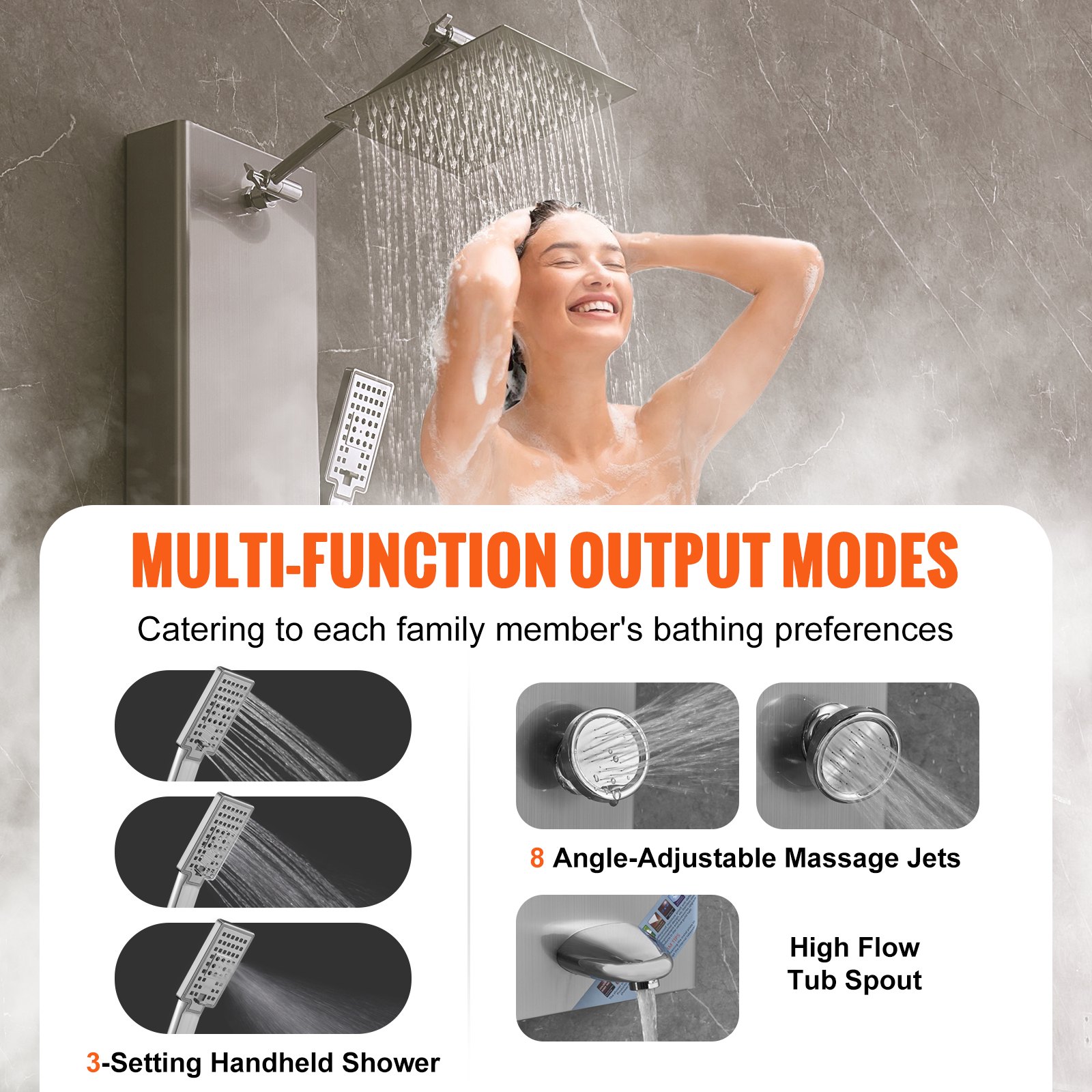 VEVOR shower panel system, 5 shower modes, shower panel tower with digital display, rainfall effect, 8 massage jets, bathtub spout, hand shower with 3 settings, 59-inch hose, stainless steel wall-mounted shower set