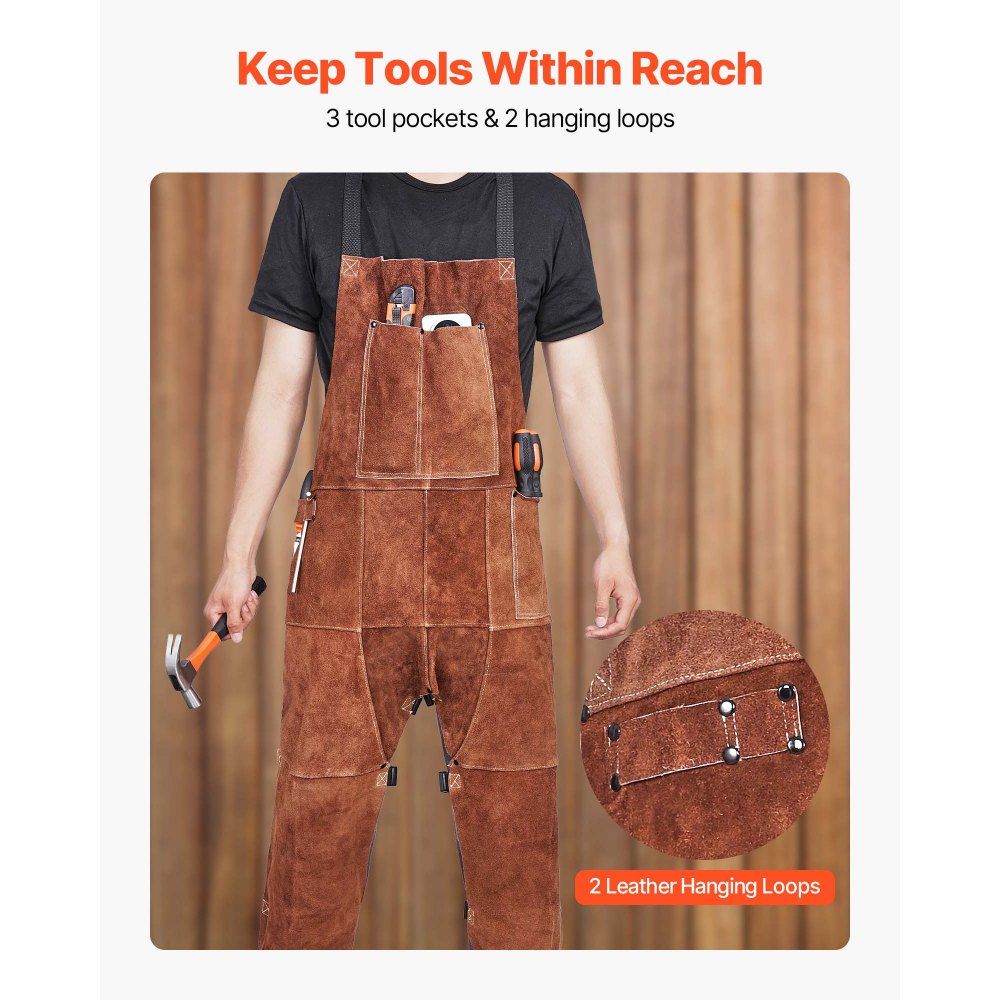 VEVOR Leather Welding Apron Split Leg, Heavy Duty Cowhide Flame Resistant Welding Pants for Men Women, Heat-Resistant Safety Apron with 3 Pockets for Woodworking, Gardening, Blacksmithing, XL-Size