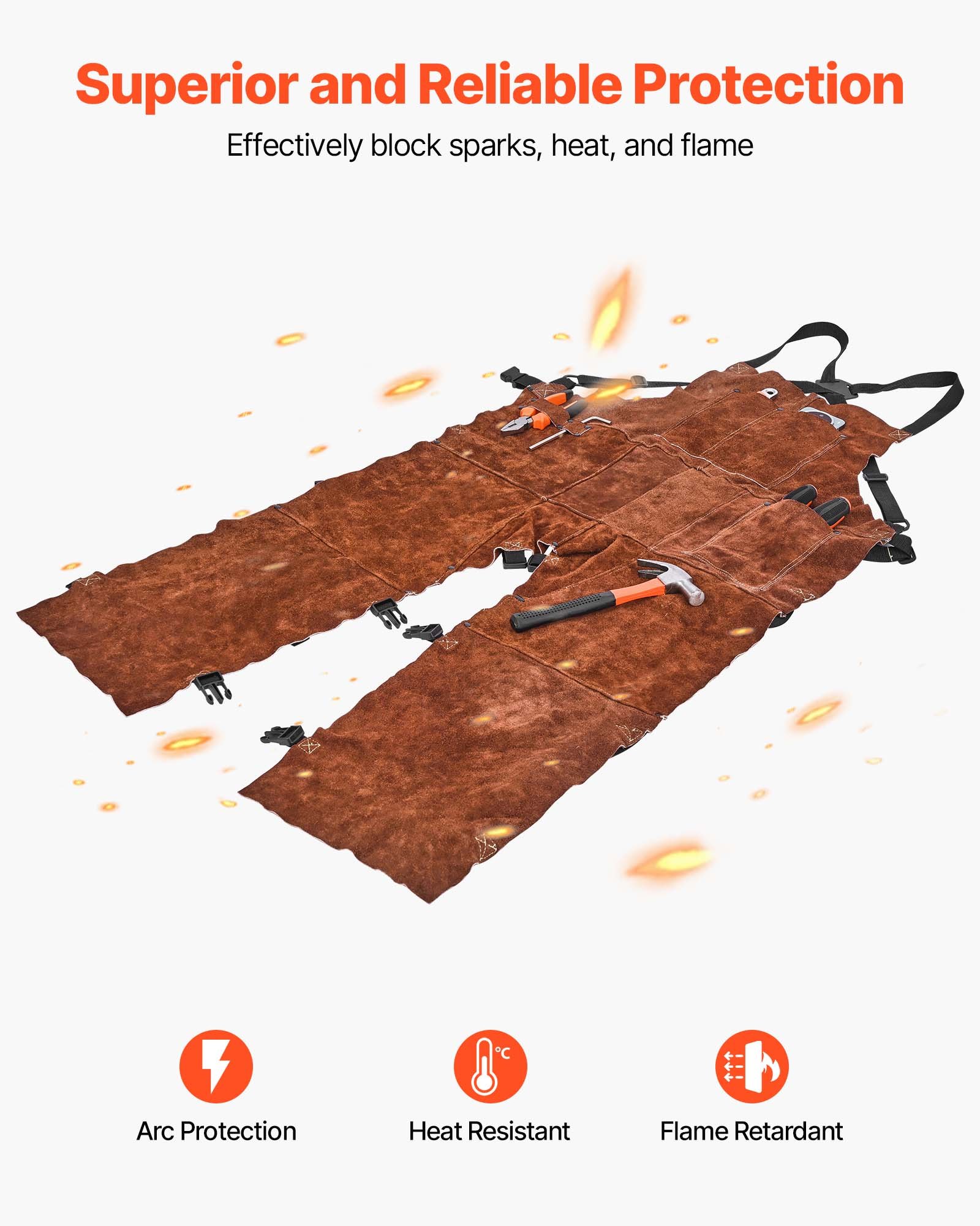 VEVOR Schweißerschürze mit geteiltem Bein, Latzschürze 610x1219 mm, Arbeitsschürze aus Rindsleder, Sicherheitsschürze mit 3 Taschen für Holz-, Garten-, Schmiedearbeiten, Größe L