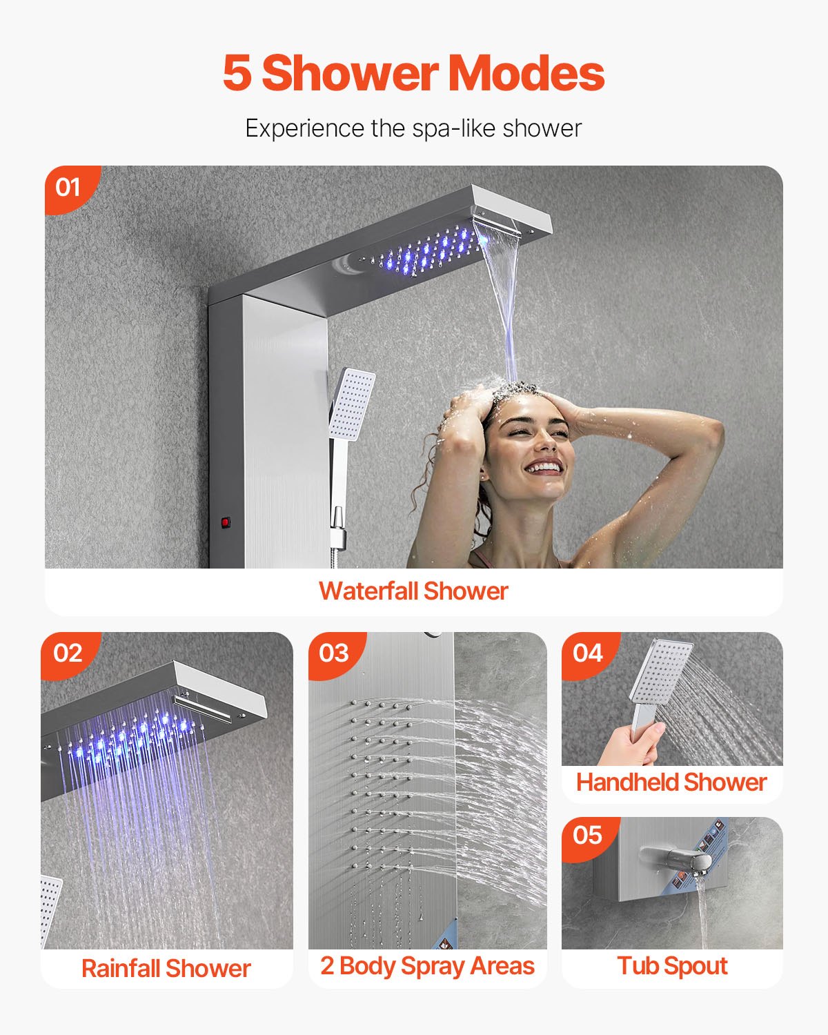 VEVOR Duschpaneel-Turmsystem (5 Modi) mit Regenwasserfall-Duschkopf & LED, (1345 mm) Duschsäule aus gebürstetem Edelstahl, Regenmassagesystem zur Wandmontage, mit Handbrause & Wannenauslauf
