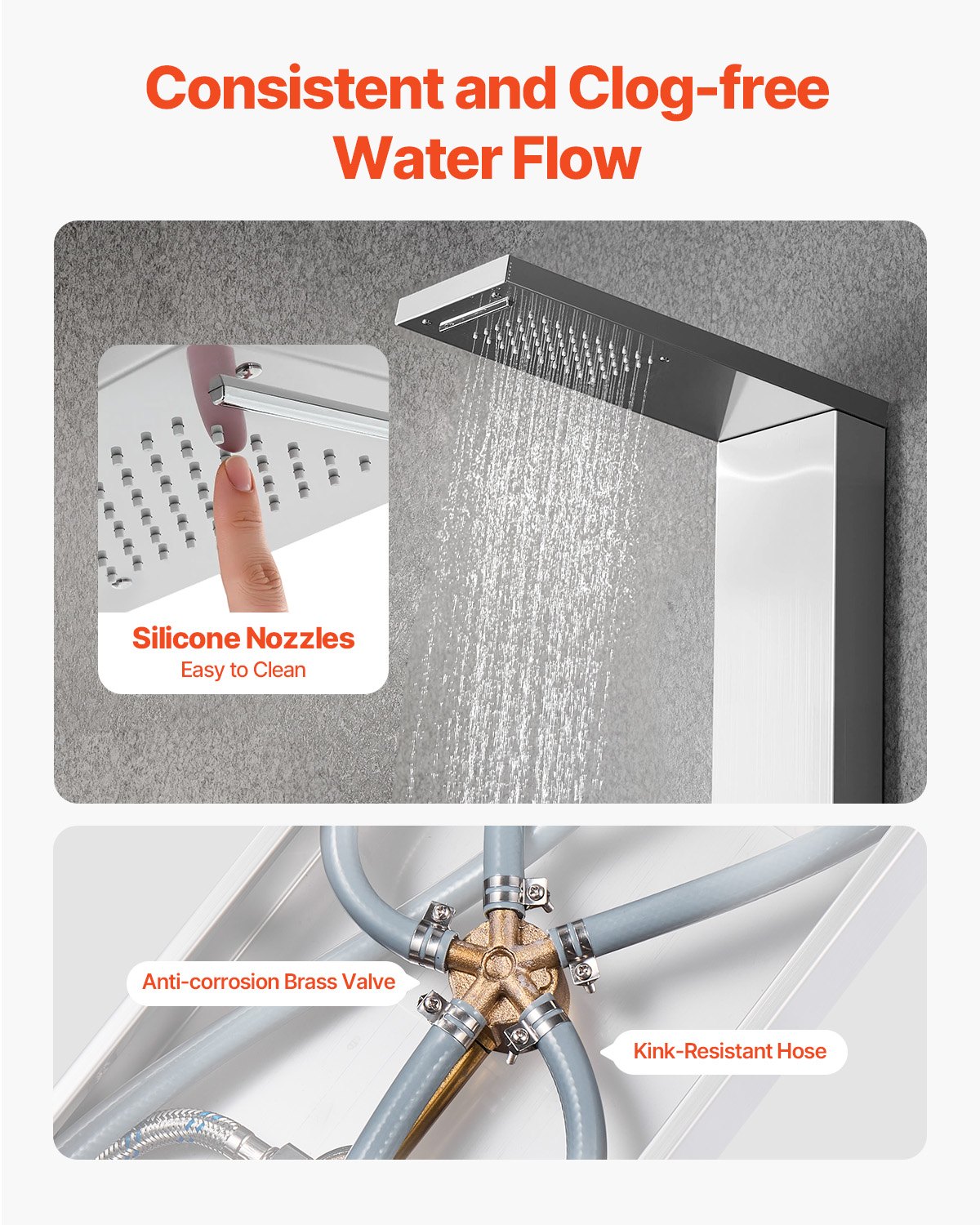 VEVOR Duschpaneel-Turmsystem (5 Modi) mit Regenwasserfall-Duschkopf, (1345 mm) Duschsäule aus 304 Edelstahl, Regenmassagesystem zur Wandmontage, mit Handbrause & Wannenauslauf & 2 Körperdüsen