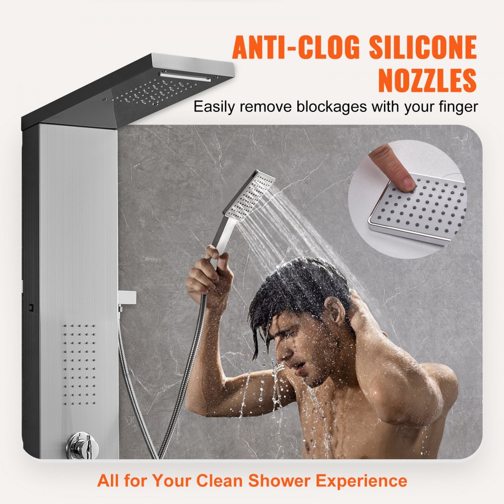 VEVOR Duschpaneelsystem, 5 Duschmodi, LED-Duschpaneelturm, Regenfall, Wasserfall, 2 Körpermassagedüsen, Wannenauslauf, Handbrause mit 59-Zoll-Schlauch, wandmontiertes Duschset aus Edelstahl
