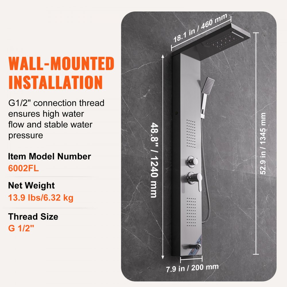 VEVOR Duschpaneelsystem, 5 Duschmodi, LED-Duschpaneelturm, Regenfall, Wasserfall, 2 Körpermassagedüsen, Wannenauslauf, Handbrause mit 59-Zoll-Schlauch, wandmontiertes Duschset aus Edelstahl