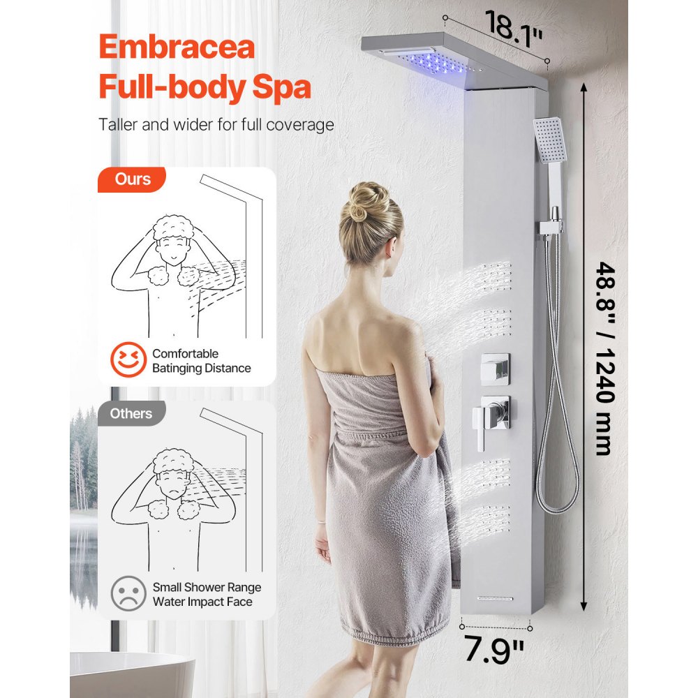 VEVOR Duschpaneel-Turmsystem (5 Modi) mit Regenwasserfall-Duschkopf & LED, (1345 mm) Duschsäule aus gebürstetem Edelstahl, Regenmassagesystem zur Wandmontage, mit Handbrause & 4 Körperbrausen
