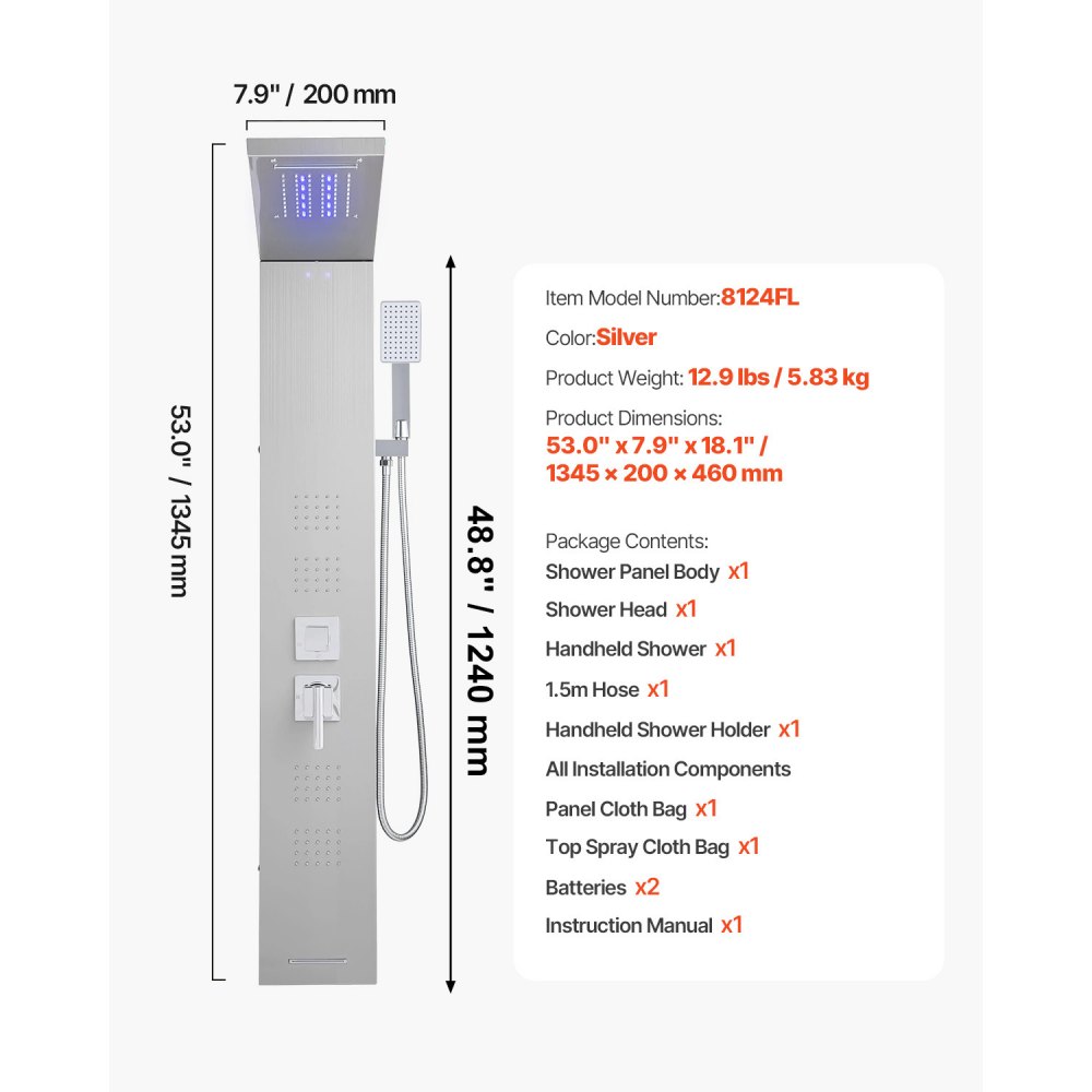 VEVOR Duschpaneel-Turmsystem (5 Modi) mit Regenwasserfall-Duschkopf & LED, (1345 mm) Duschsäule aus gebürstetem Edelstahl, Regenmassagesystem zur Wandmontage, mit Handbrause & 4 Körperbrausen