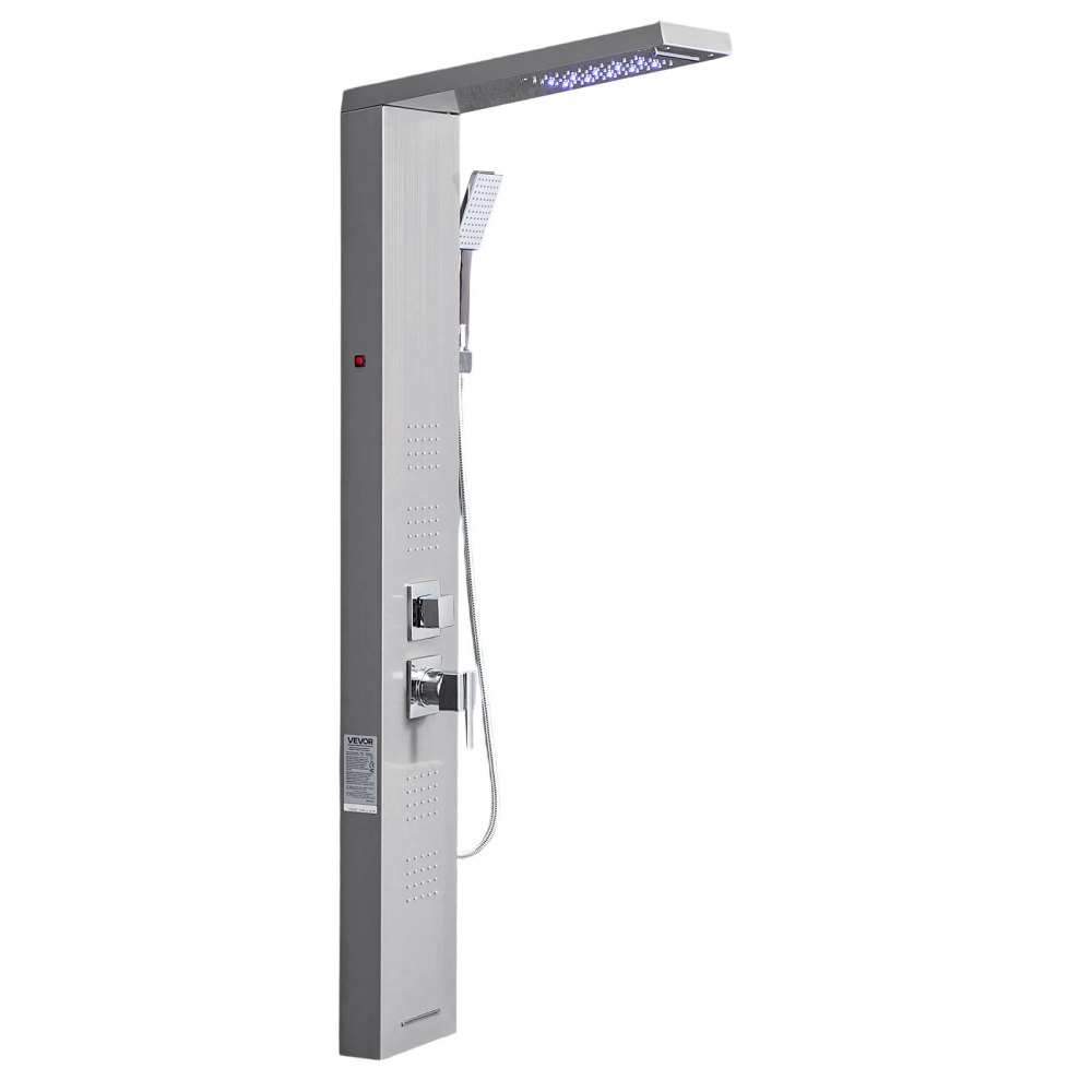 VEVOR Duschpaneel-Turmsystem (5 Modi) mit Regenwasserfall-Duschkopf & LED, (1345 mm) Duschsäule aus gebürstetem Edelstahl, Regenmassagesystem zur Wandmontage, mit Handbrause & 4 Körperbrausen