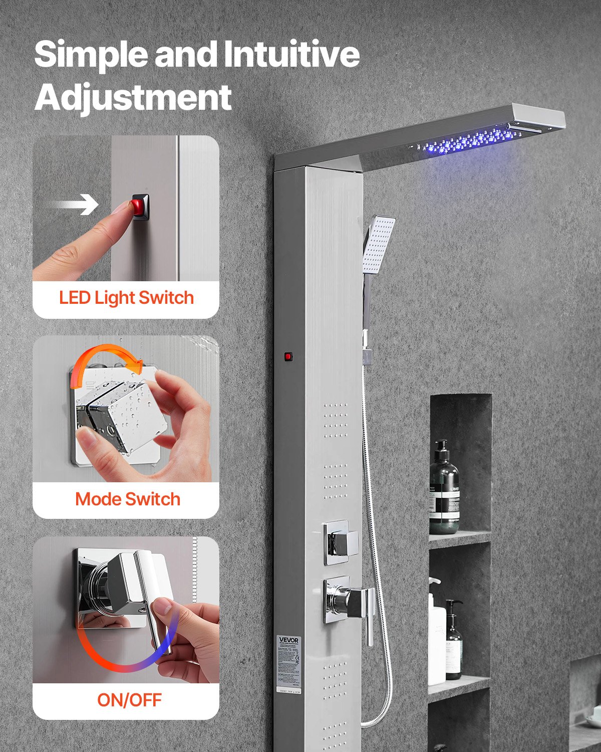 VEVOR Duschpaneel-Turmsystem (5 Modi) mit Regenwasserfall-Duschkopf & LED, (1345 mm) Duschsäule aus gebürstetem Edelstahl, Regenmassagesystem zur Wandmontage, mit Handbrause & 4 Körperbrausen