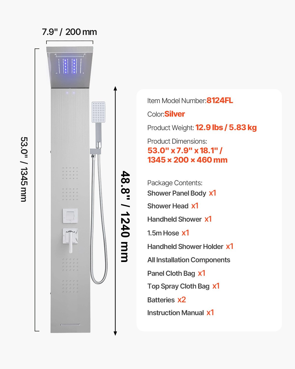 VEVOR Duschpaneel-Turmsystem (5 Modi) mit Regenwasserfall-Duschkopf & LED, (1345 mm) Duschsäule aus gebürstetem Edelstahl, Regenmassagesystem zur Wandmontage, mit Handbrause & 4 Körperbrausen