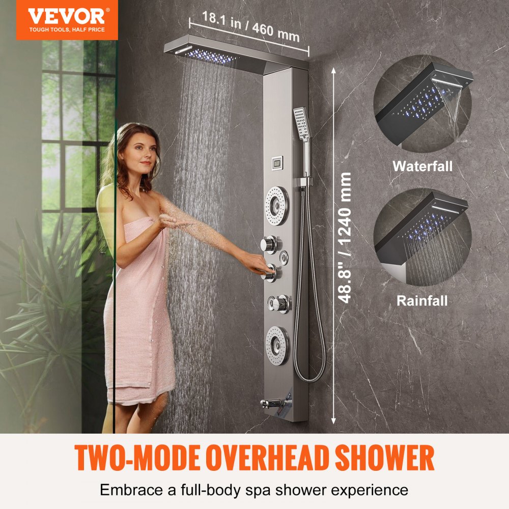 VEVOR Duschpaneelsystem, 6 Duschmodi, LED- und Display-Duschpaneelturm, Regenfall, Wasserfall, 4 Körpermassagedüsen, Wannenauslauf, Handbrause, 150 cm Schlauch, Wandmontiertes Duschset