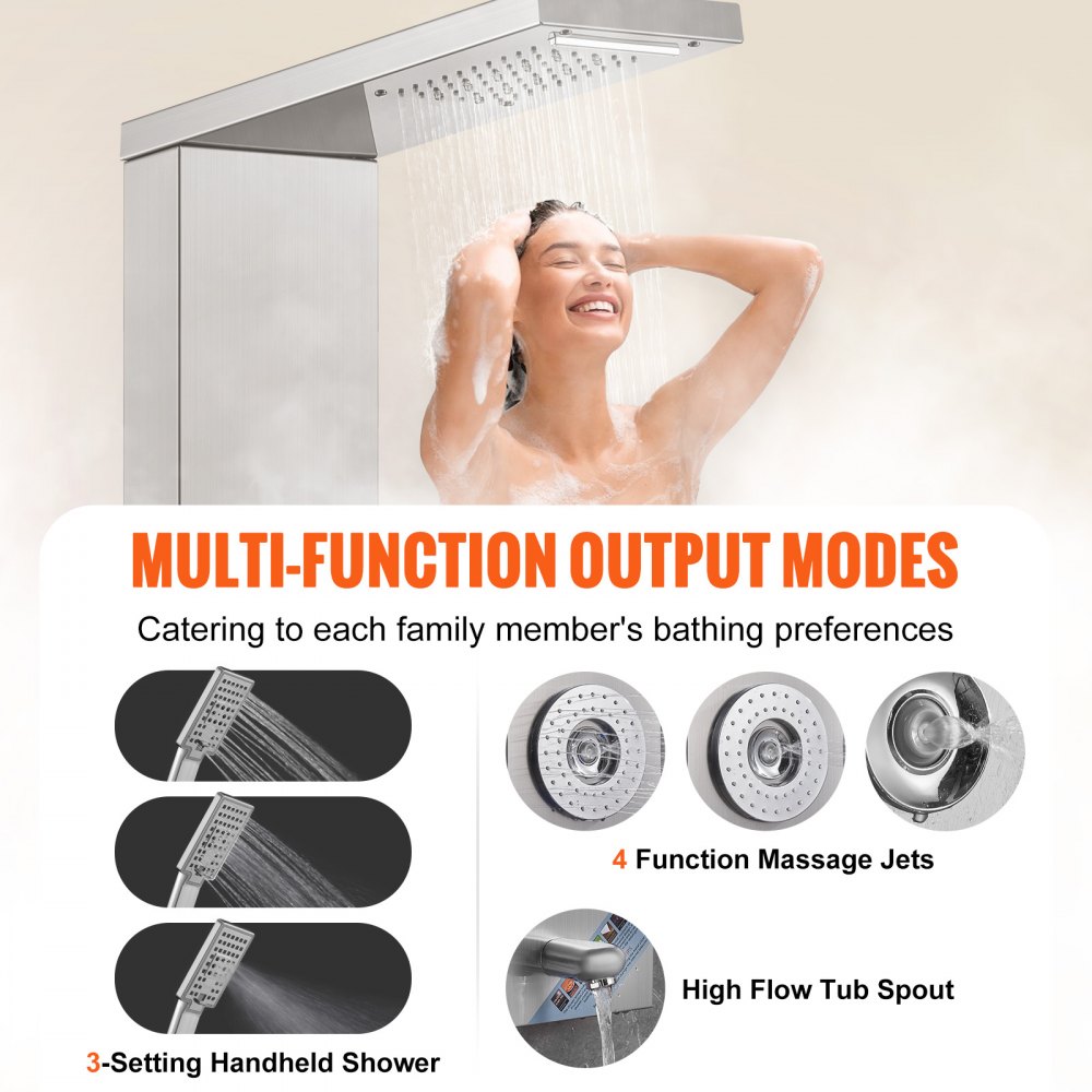 VEVOR Duschpaneelsystem, 6 Duschmodi, LED- und Display-Duschpaneelturm, Regenfall, Wasserfall, 4 Körpermassagedüsen, Wannenauslauf, Handbrause, 150 cm Schlauch, Wandmontiertes Duschset