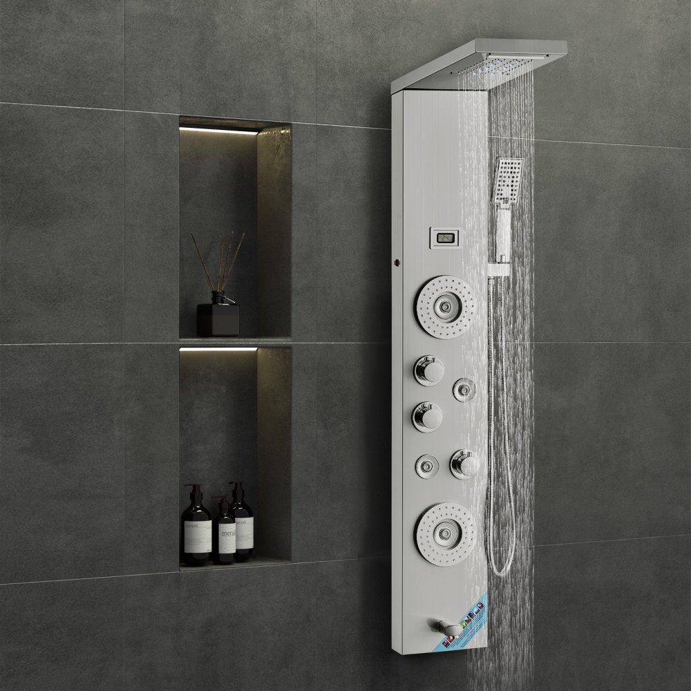VEVOR Duschpaneelsystem, 6 Duschmodi, LED- und Display-Duschpaneelturm, Regenfall, Wasserfall, 4 Körpermassagedüsen, Wannenauslauf, Handbrause, 150 cm Schlauch, Wandmontiertes Duschset