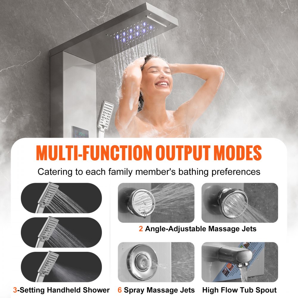 VEVOR Duschpaneelsystem, 6 Duschmodi, LED- und Bildschirm-Wasserkraft-Duschpaneelturm, Regenfall, Wasserfall, 8 Massagedüsen, Wannenauslauf, Handbrause, Wandduschset aus Edelstahl