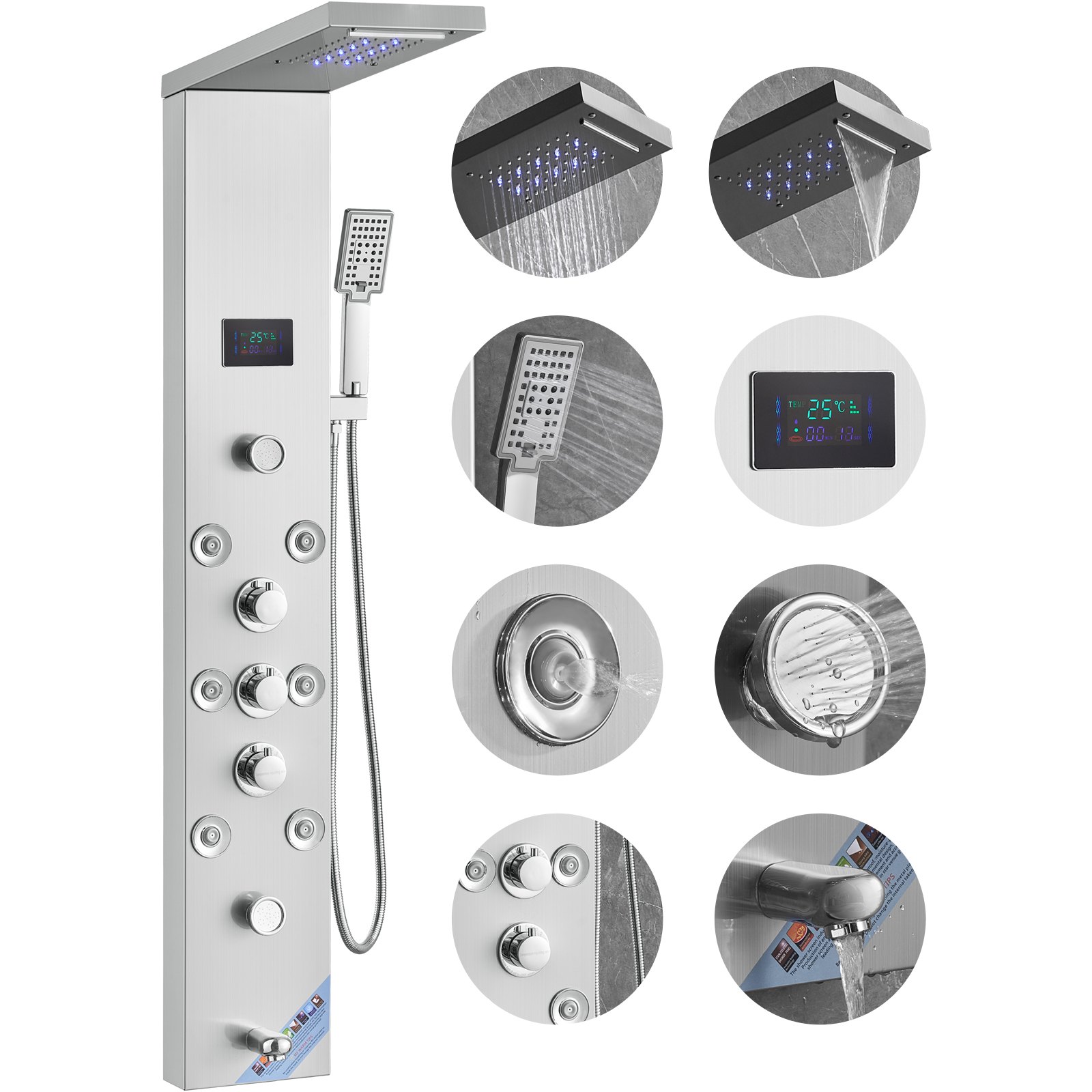 VEVOR Duschpaneelsystem, 6 Duschmodi, LED- und Bildschirm-Wasserkraft-Duschpaneelturm, Regenfall, Wasserfall, 8 Massagedüsen, Wannenauslauf, Handbrause, Wandduschset aus Edelstahl