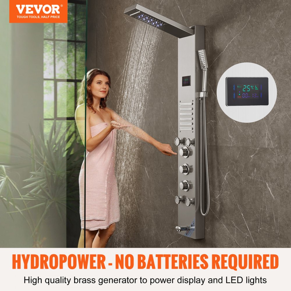 VEVOR Shower Panel System, 6 Shower Modes, LED and Screen Water Power Shower Panel Tower, Rainfall, Waterfall, 5 Massage Jets, Bath Spout, Hand Shower, Wall-Mounted Stainless Steel Shower Set
