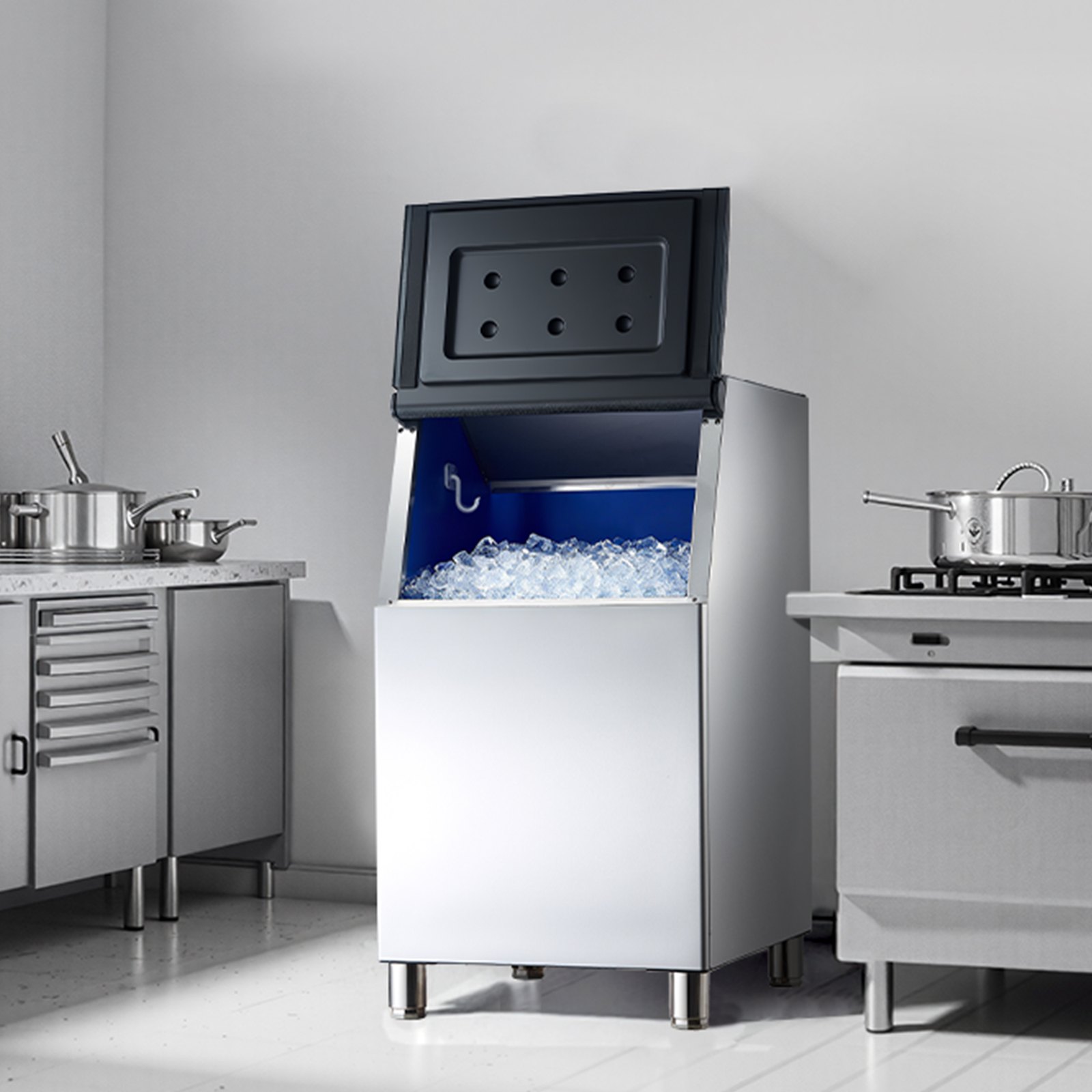 VEVOR Vorratsbehälter Eisbehälter für gewerbliche Eiswürfelbereiter (136 kg Kapazität), Eisvorratsbehälter aus Edelstahl mit höhenverstellbaren Gummifüßen, für Restaurants (nur Behälter)