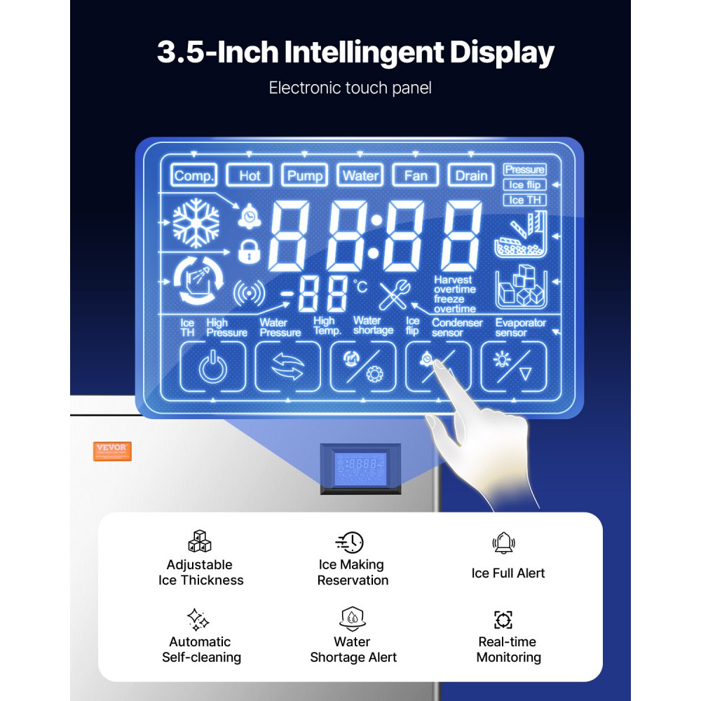 VEVOR Eismaschinenkopf kommerzieller Eisbereiter Eismaschine (nur Kopf) 181 kg/Tag, Kopf aus Edelstahl + PE-Kunststoff Eiswürfelmaschine-Kopf mit intelligentem Bedienfeld & Reinigung auf Knopfdruck