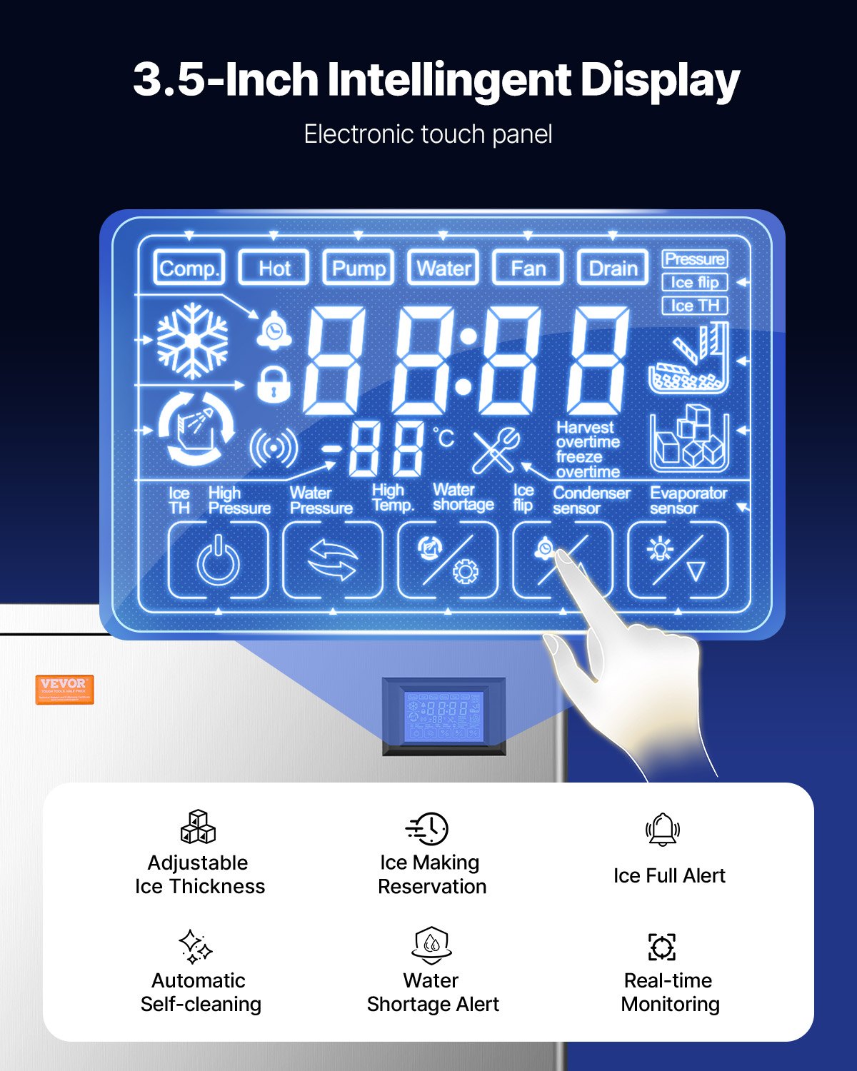 VEVOR Ice Machine Head for Commercial Ice Makers (Head Only) 204 kg/day, Stainless Steel + PE Plastic Head, Ice Maker Head with Smart Control Panel & One-Touch Cleaning