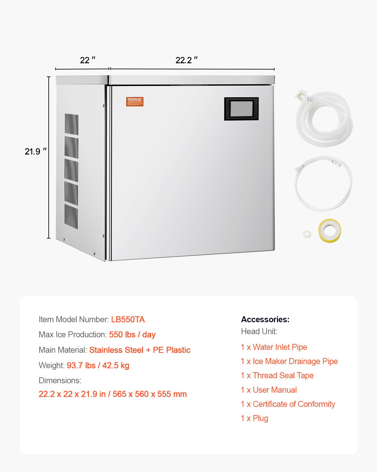 VEVOR Eismaschinenkopf kommerzieller Eisbereiter Eismaschine (nur Kopf) 249 kg/Tag, Kopf aus Edelstahl + PE-Kunststoff Eisbereiter-Kopf mit intelligentem Bedienfeld & Reinigung auf Knopfdruck