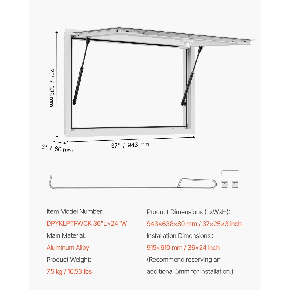 VEVOR Concession Window 92x61 cm, Aluminum Alloy Frame Service Window for Food Truck, Up to 85 Degrees Stand Serving Window with Awning Door and Drag Hook, Rainwater Resistant for Concession Trailers