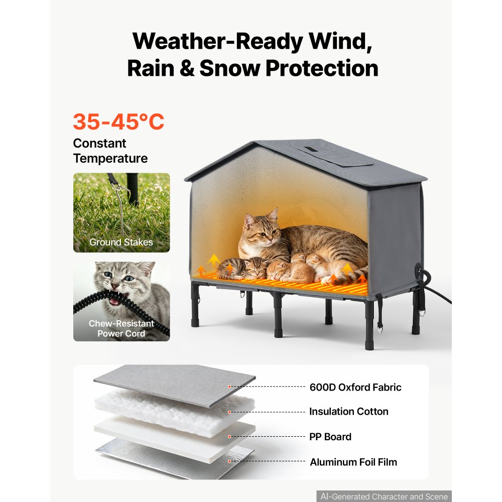 VEVOR Katzenhaus 34 W Katzenhöhle mit Heizmatte 600x310x580 mm Isoliert, Katzenmöbel für Outdoor Winterfest, Platz für 2-3 Katzen, mit Erhöhtem Ständer, Doppeltür & Sichtschutzvorhang, 35–45 °C