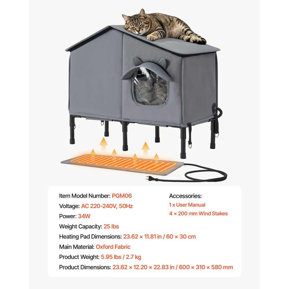 VEVOR Katzenhaus 34 W Katzenhöhle mit Heizmatte 600x310x580 mm Isoliert, Katzenmöbel für Outdoor Winterfest, Platz für 2-3 Katzen, mit Erhöhtem Ständer, Doppeltür & Sichtschutzvorhang, 35–45 °C