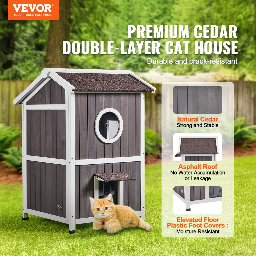 VEVOR Weatherproof Outdoor Cat House, Shelter for Wild Cats, Large 2-Story Wooden Outdoor Cat House with Doors, PVC Door Flaps, and a Transparent Window, 58.4 cm L x 66 cm W x 91.4 cm H