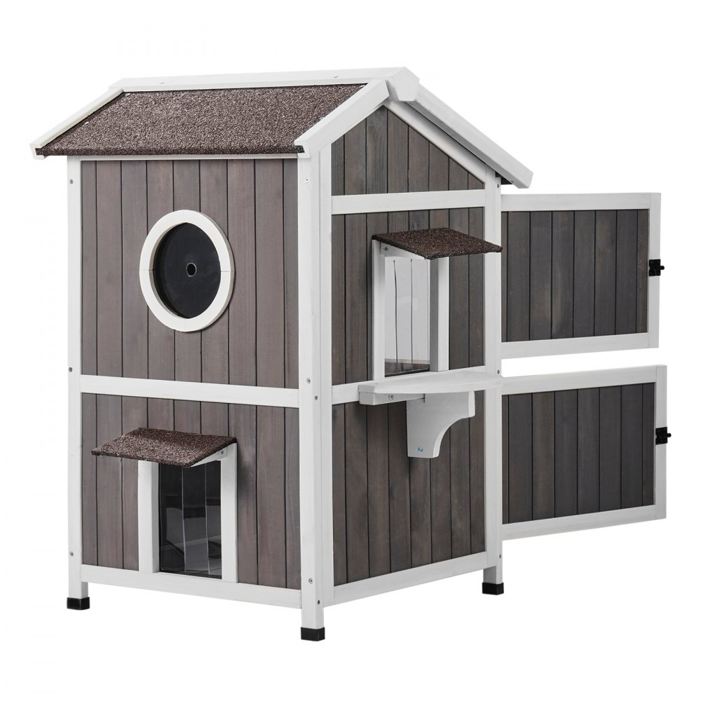 VEVOR Weatherproof Outdoor Cat House, Shelter for Wild Cats, Large 2-Story Wooden Outdoor Cat House with Doors, PVC Door Flaps, and a Transparent Window, 58.4 cm L x 66 cm W x 91.4 cm H