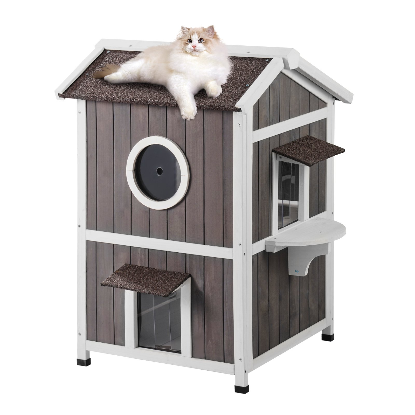 VEVOR Weatherproof Outdoor Cat House, Shelter for Wild Cats, Large 2-Story Wooden Outdoor Cat House with Doors, PVC Door Flaps, and a Transparent Window, 58.4 cm L x 66 cm W x 91.4 cm H