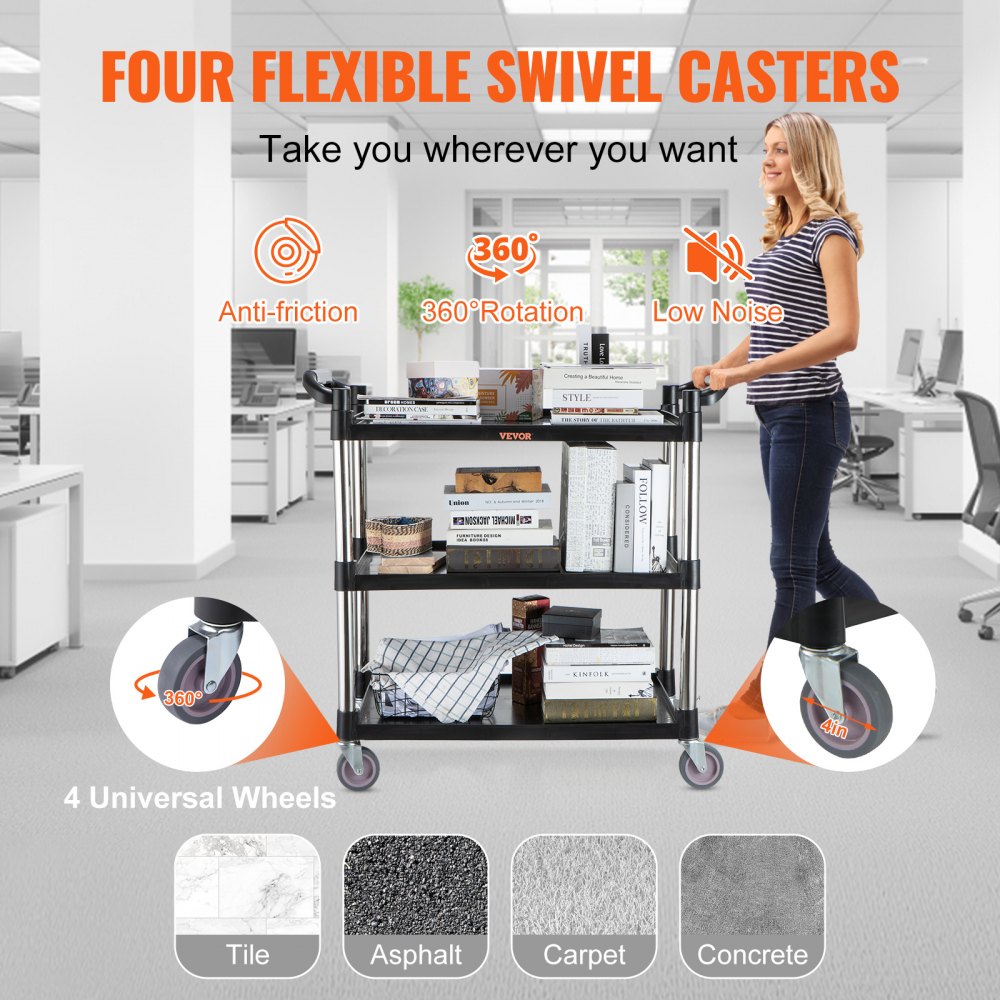 VEVOR Servierwagen PP+Aluminium Materialwagen 83x40x95cm Abräumwagen 70kg Belastbarkeit Servicewagen mit 4 Rädern Tischwagen Etagenwagen Ideal für Restaurants Garagen Büros Werkstätten