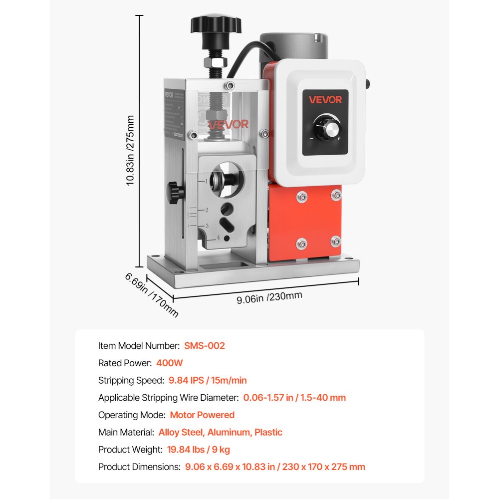 VEVOR Elektrische Abisoliermaschine, 1,5–40mm, 400 W, motorisierter Kabelabisolierer, 9,84 IPS (15 m/min) Drahtschäler mit Klingen, V-förmigen Rollen, Kühlventilator, Kabelschälmaschine