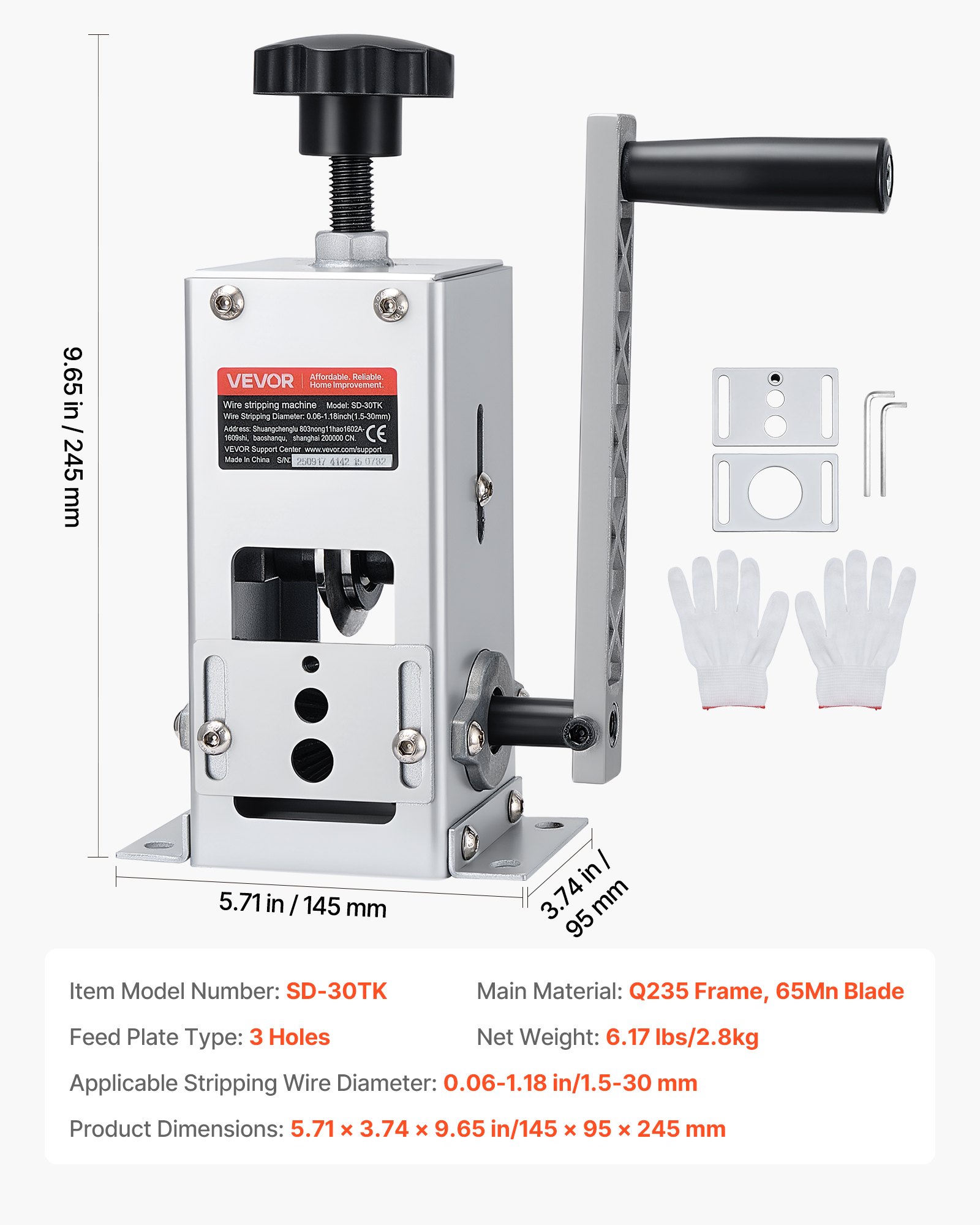 VEVOR Abisoliermaschine, 1,5-30 mm, Kabelschälmaschine, Handkurbel-/Bohrmaschinenbetrieb, Abisolierwerkzeug mit Q235-Rahmen, Kabelabisolierer, Manuelle Kabelabisoliermaschine für Kupferschrott