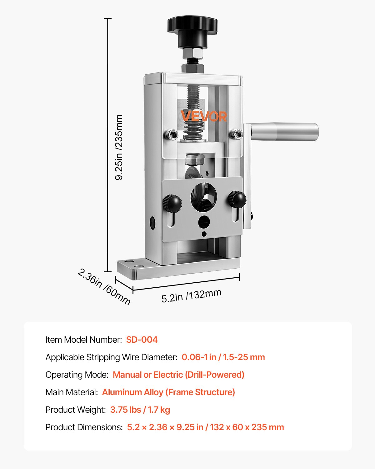 VEVOR Manual Cable Stripping Machine, 1.5-25mm, Copper Wire Stripper with Hand Crank/Drill, 64Mn Hardened Blades, 45# Steel Rollers, Wire Stripper with Aluminum Alloy Frame