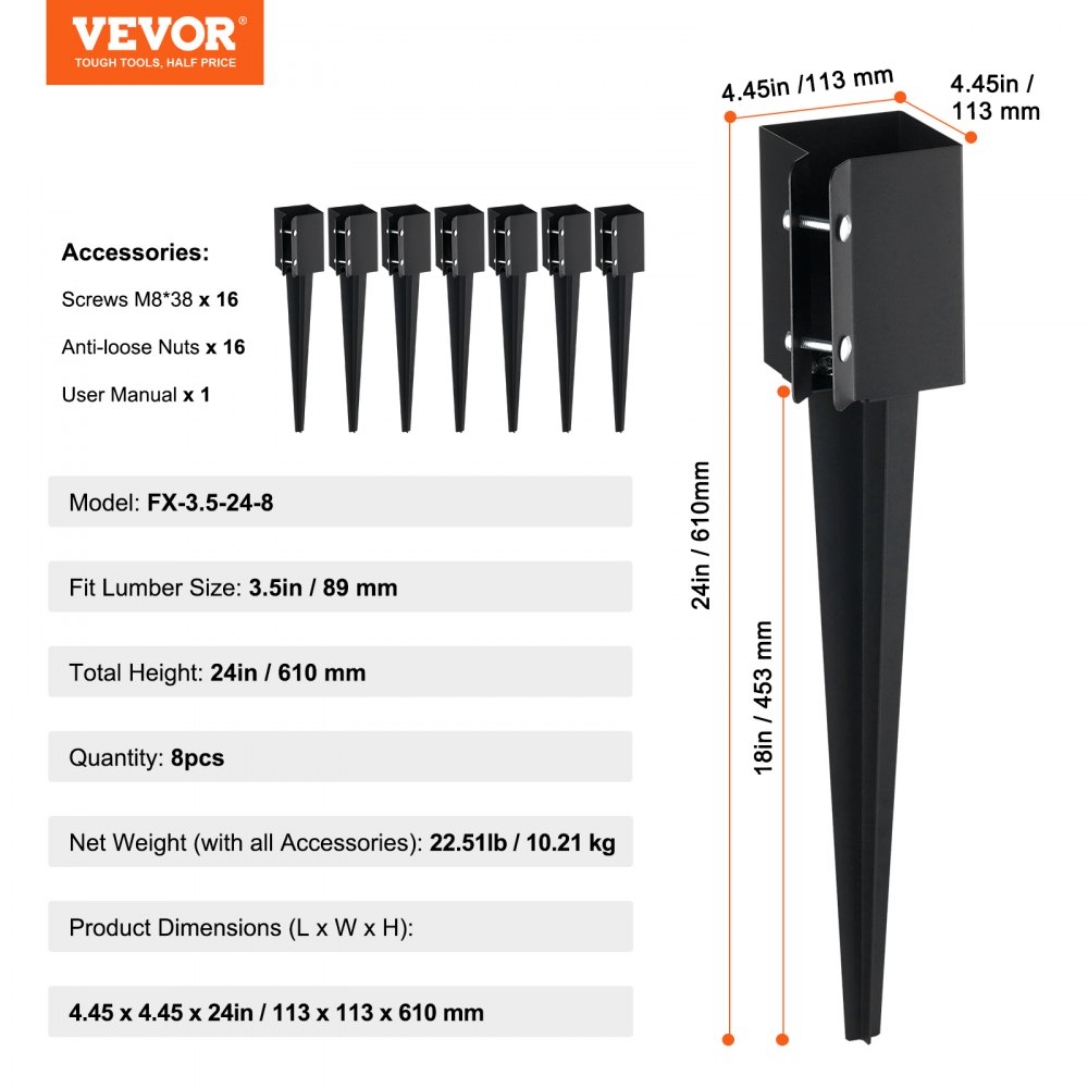 VEVOR Erdspieß für Zaunpfosten, 8er-Pack, 61 x 10 x 10 cm Außendurchmesser (Innendurchmesser 8,9 x 8,9 cm), Metall, schwarz pulverbeschichtet, Erdspieß für Briefkästen, Terrassen, Gartengeländer