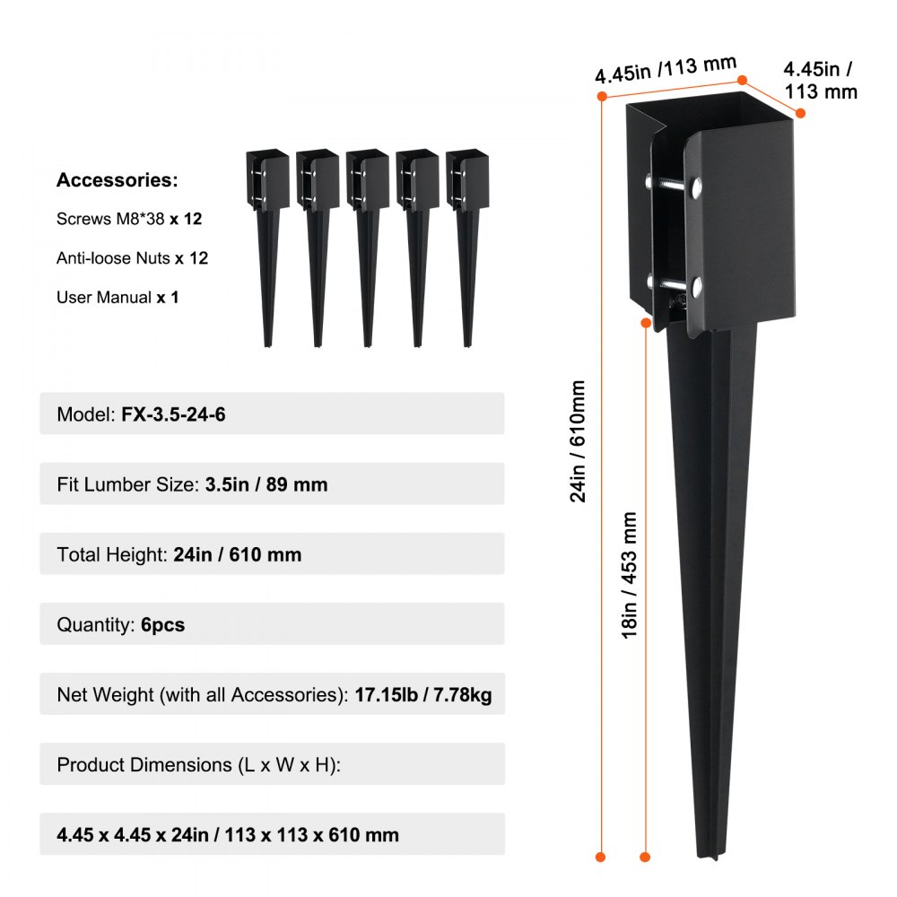 VEVOR Erdspieß für Zaunpfosten, 6er-Pack, 113 x 113 x 610 mm Außendurchmesser (Innendurchmesser 8,9 x 8,9 cm), Metall, schwarz pulverbeschichtet, Erdspieß für Briefkästen, Terrassen, Gartengeländer