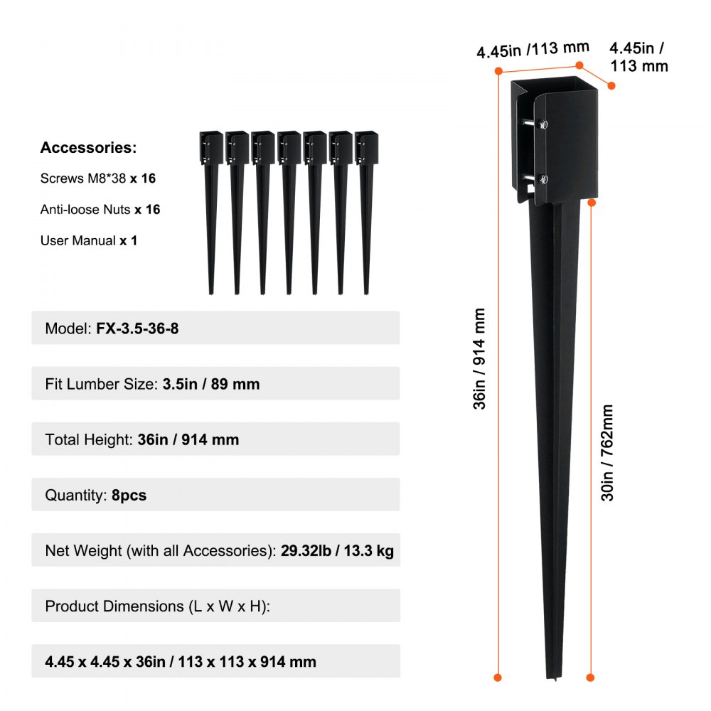 VEVOR Erdspieß für Zaunpfosten, 8er-Pack, 113 x 113 x 914 mm Außendurchmesser (Innendurchmesser 8,9 x 8,9 cm), Metall, schwarz pulverbeschichtet, Erdspieß für Briefkästen, Terrassen, Gartengeländer