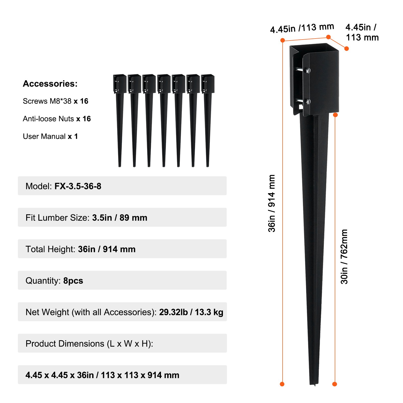 VEVOR Erdspieß für Zaunpfosten, 8er-Pack, 113 x 113 x 914 mm Außendurchmesser (Innendurchmesser 8,9 x 8,9 cm), Metall, schwarz pulverbeschichtet, Erdspieß für Briefkästen, Terrassen, Gartengeländer