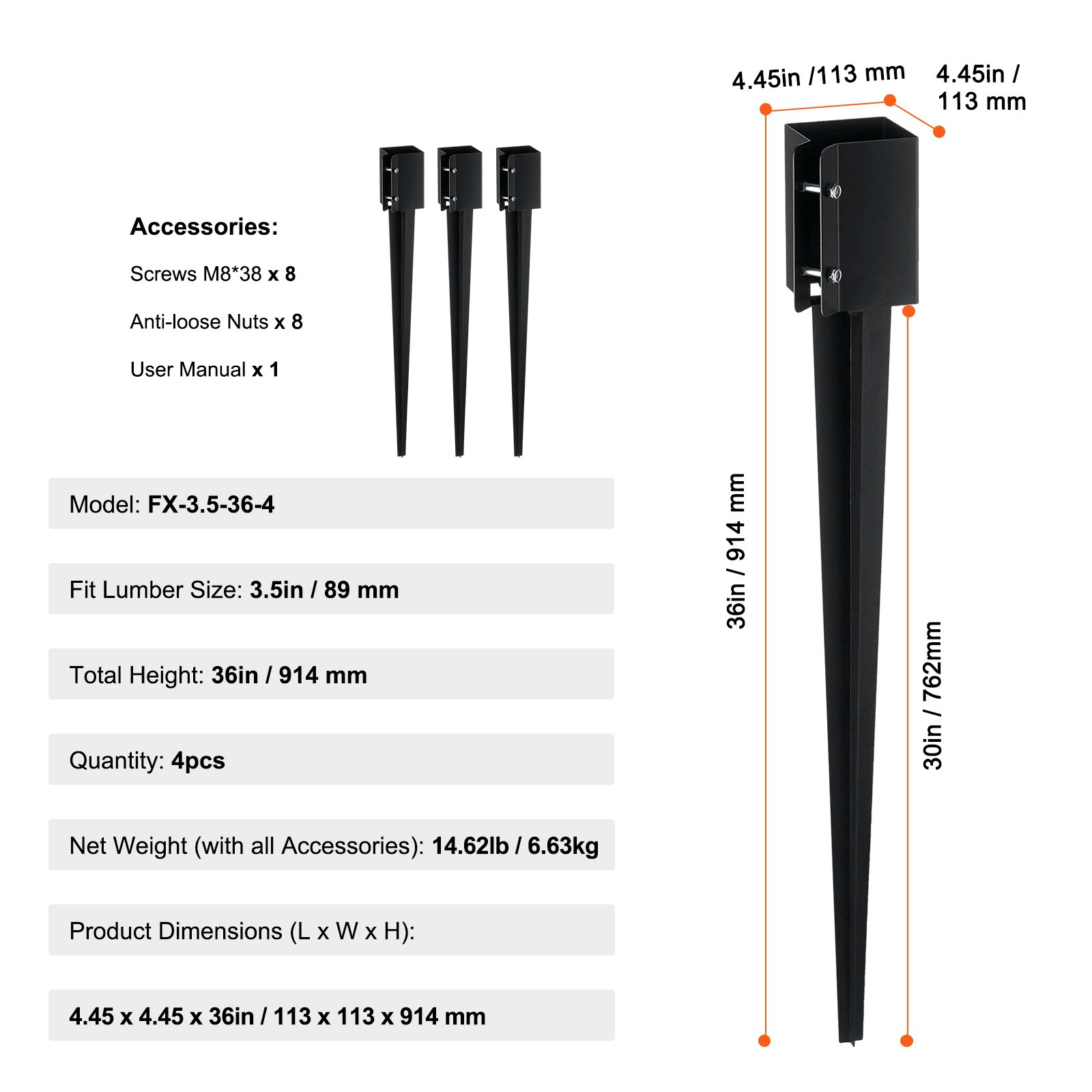 VEVOR Erdspieß für Zaunpfosten, 4er-Pack, 113 x 113 x 914 mm Außendurchmesser (Innendurchmesser 8,9 x 8,9 cm), Metall, schwarz pulverbeschichtet, Erdspieß für Briefkästen, Terrassen, Gartengeländer