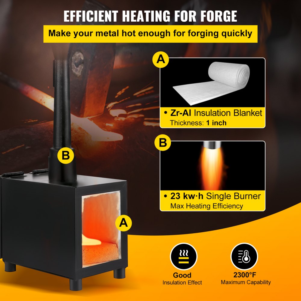 VEVOR Schmiedeofen Gasofen 1300 °C Gasbrenner Schmelzofen Propangas 3,5 L Stahl, Quadratisch Eintürig, Ofen aus Stahl 16 Gauge, Außenhülle Zr-Al-Isoliermatte, Leistung Max. 23 kWh / 80000 BTU