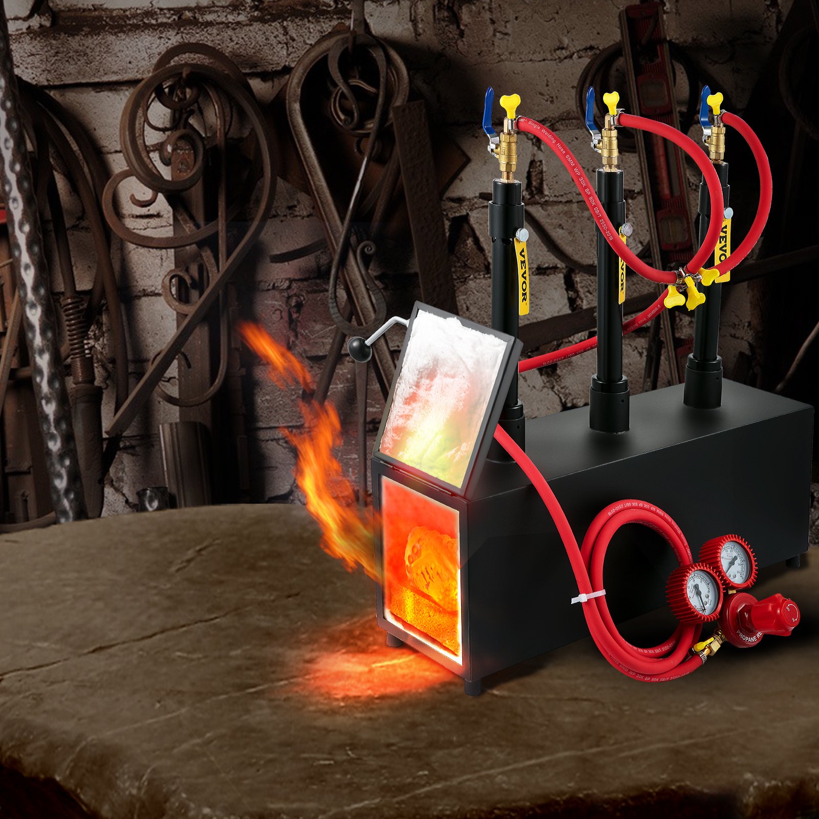 VEVOR Gas schmiedeofen 1350 °C, Brenner Schmiede 15 L, Schmiedeofen drei Brenner Eintürig Auskleidung mit Aluminiumsilikatfaser, Metallschmiede Max. Leistung 230,4 kWh / 786.000 BTU, Gasdruckregler