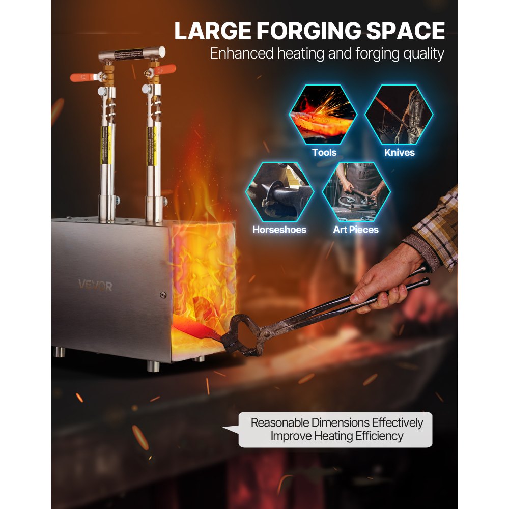 VEVOR tragbare Propangas-Schmiede mit 2 Brenner 1427 °C, Hufschmiede Schmiedeofen mit quadratischer Form, Edelstahl, Gasschmiedewerkzeuge und -ausrüstung, Schmelzofen Verwendung zum Metallschmieden